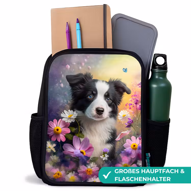 Hond - Bloemen - Natuur - Puppy - Bordercollie Rugzak - Zwart middel -inhoud_DE