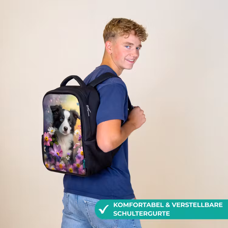 Hond - Bloemen - Natuur - Puppy - Bordercollie Rugzak - Zwart middel -sfeer9_DE
