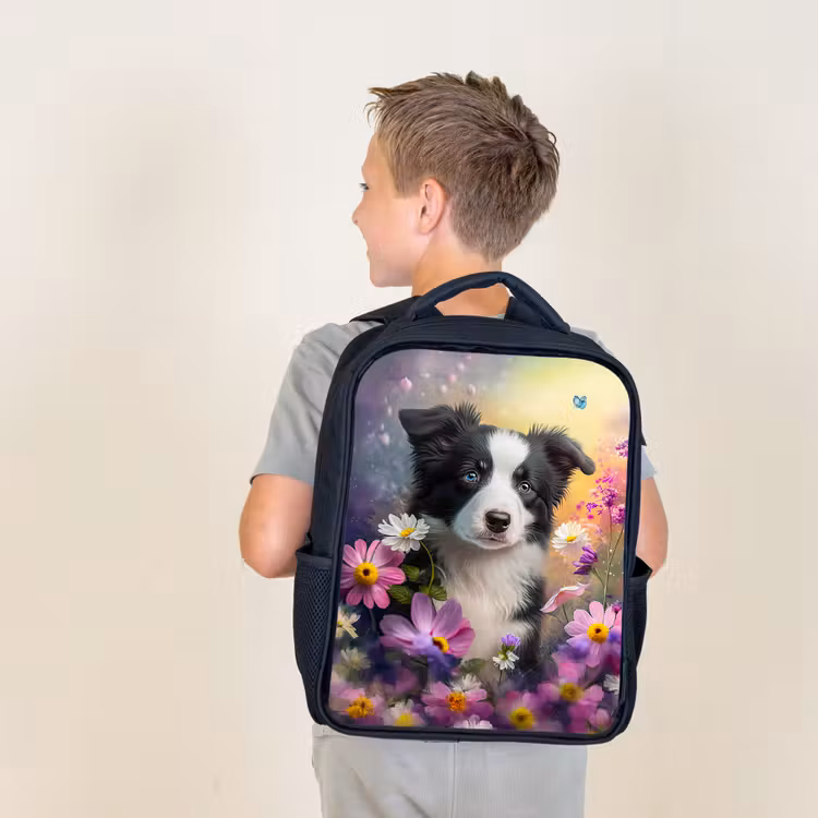 Hond - Bloemen - Natuur - Puppy - Bordercollie Rugzak - Zwart middel -sfeer2