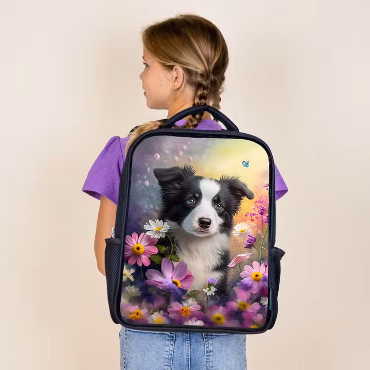 Hond - Bloemen - Natuur - Puppy - Bordercollie Rugzak - Zwart middel -sfeer5