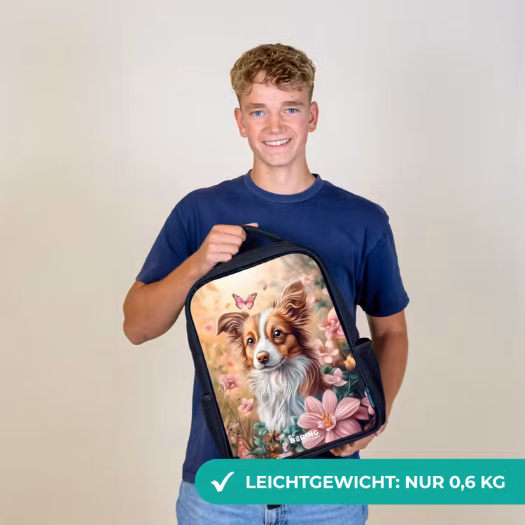 Hond in bloemenveld met vlinders Rugzak - Zwart middel -sfeer7_DE