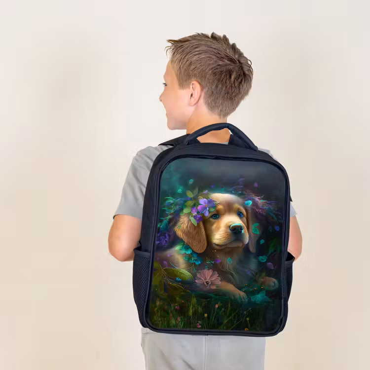 Hond - Puppy - Bloemen - Natuur - Golden retriever Rugzak - Zwart middel -sfeer2