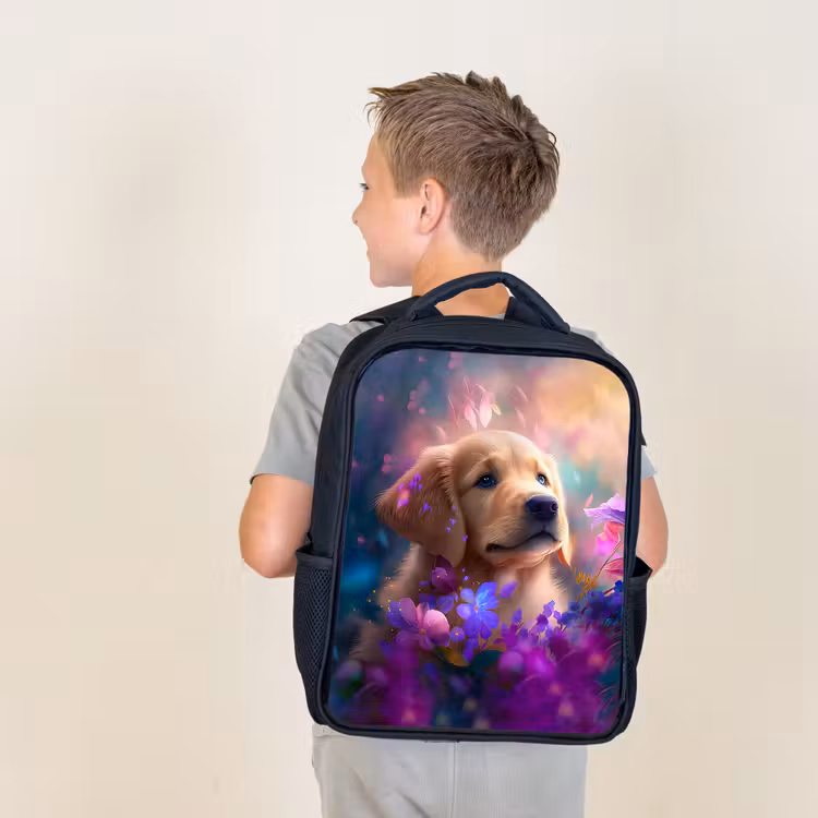 Hond - Puppy - Zon - Bloemen - Golden retriever Rugzak - Zwart middel -sfeer2