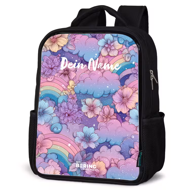 Illustratie van wolken, regenbogen en bloemen Rugzak - Zwart middel -schuin