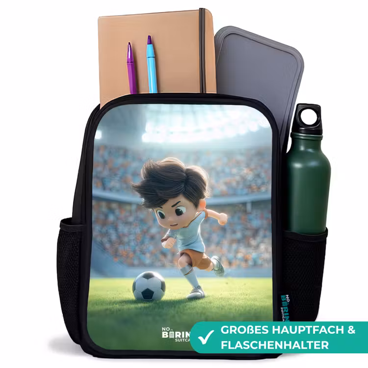 Jongen - Voetbal - Stadion - Zonlicht Rugzak - Zwart middel -inhoud_DE