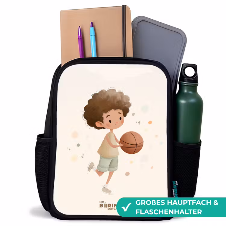 Jongen met een basketbal in beige kleuren Rugzak - Zwart middel -inhoud_DE