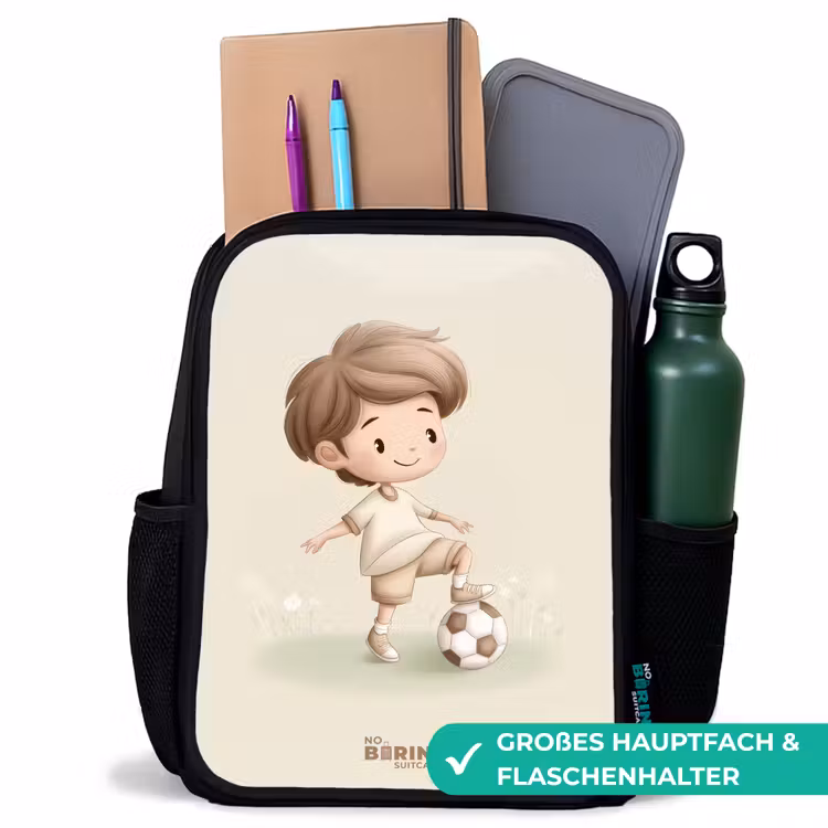 Jongen met een voetbal in bruine tinten Rugzak - Zwart middel -inhoud_DE