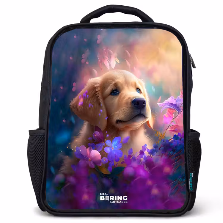Jonge hond tussen felgekleurde bloemen Rugzak - Zwart middel -3d