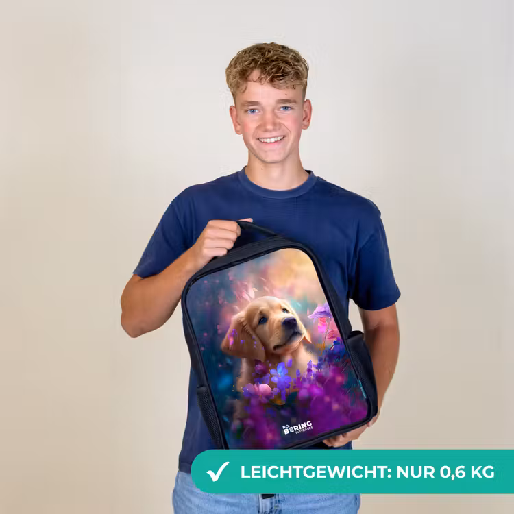 Jonge hond tussen felgekleurde bloemen Rugzak - Zwart middel -sfeer7_DE