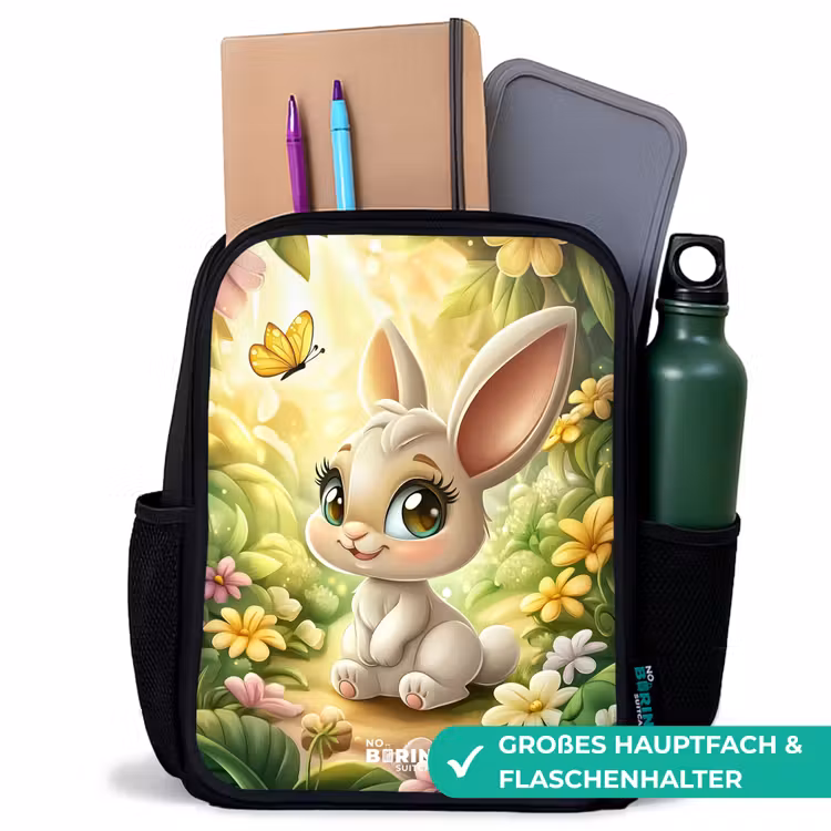 Konijn - Zonlicht - Sprookjesachtig - Vlinder Rugzak - Zwart middel -inhoud_DE