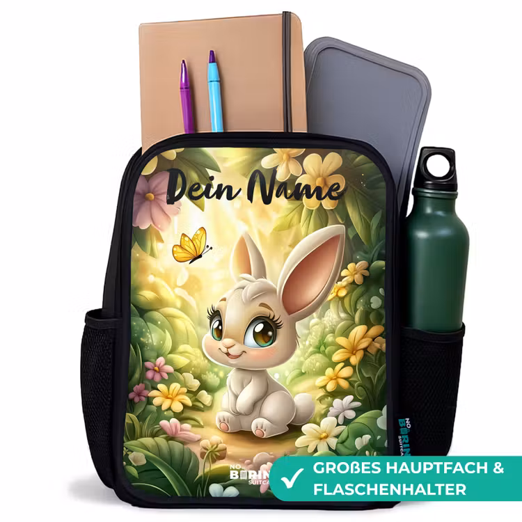 Konijn - Zonlicht - Sprookjesachtig - Vlinder Rugzak - Zwart middel -inhoud_DE