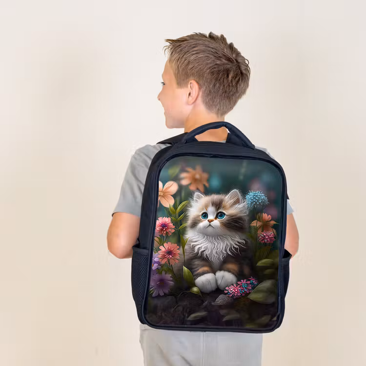 Kitten - Illustratie - Bloemen - Natuur - Kat Rugzak - Zwart middel -sfeer2