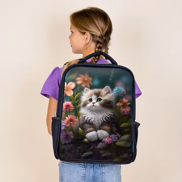 Kitten - Illustratie - Bloemen - Natuur - Kat Rugzak - Zwart middel -sfeer5