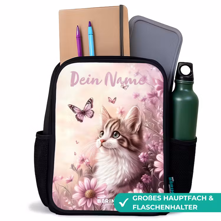 Kitten - Vlinders - Paars - Bloemen Rugzak - Zwart middel -inhoud_DE