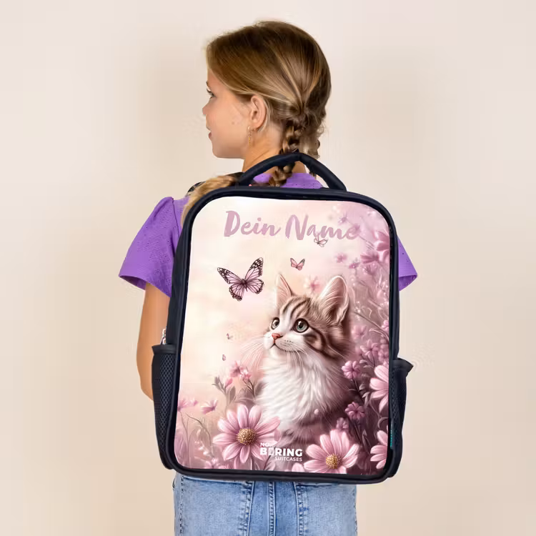 Kitten - Vlinders - Paars - Bloemen Rugzak - Zwart middel -sfeer5