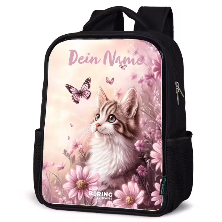 Kitten - Vlinders - Paars - Bloemen Rugzak - Zwart middel -schuin