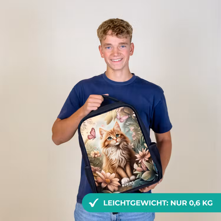 Kat in bloemenveld met roze vlinders. Rugzak - Zwart middel -sfeer7_DE