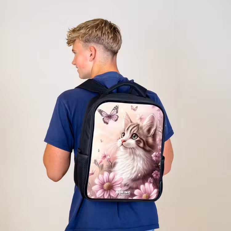 Kat - Paars - Vlinders - Bloemen Rugzak - Zwart middel -sfeer8
