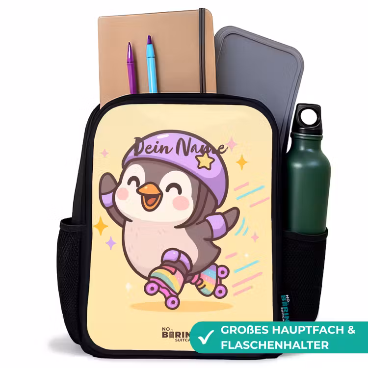Kawai - Pinguin - Rolschaatsen Rugzak - Zwart middel -inhoud_DE