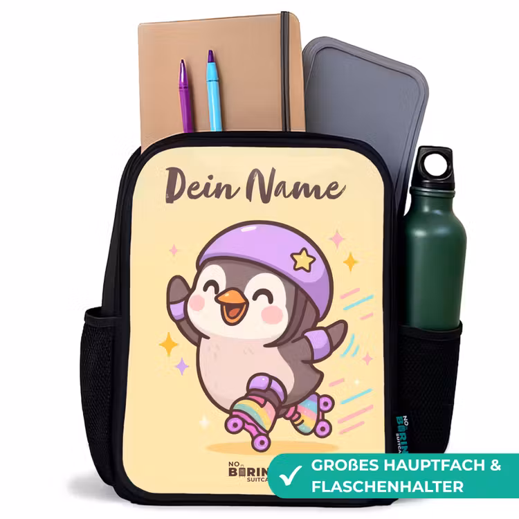 Kawai - Pinguin - Rolschaatsen Rugzak - Zwart middel -inhoud_DE