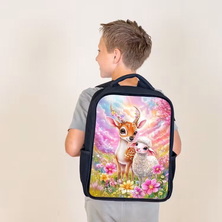 Hertje met een lammetje in pastelbloemenveld Rugzak - Zwart middel -sfeer2
