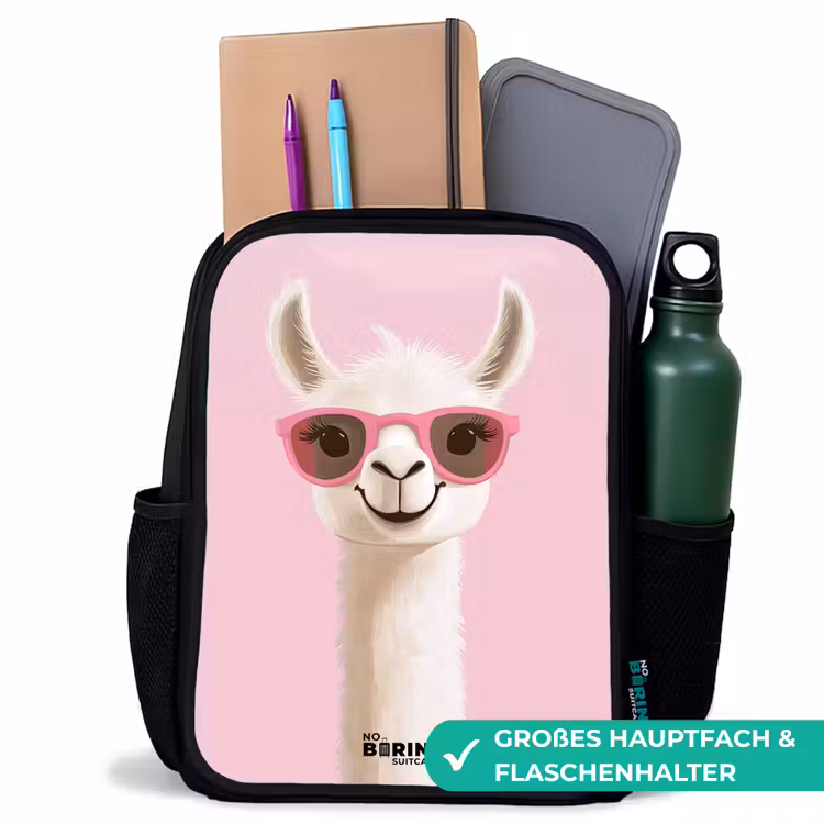 Lama - Wit - Zonnebril - Wimpers Rugzak - Zwart middel -inhoud_DE