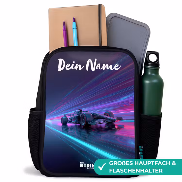 Lichtstralen - Neon - Racewagen - Paars Rugzak - Zwart middel -inhoud_DE