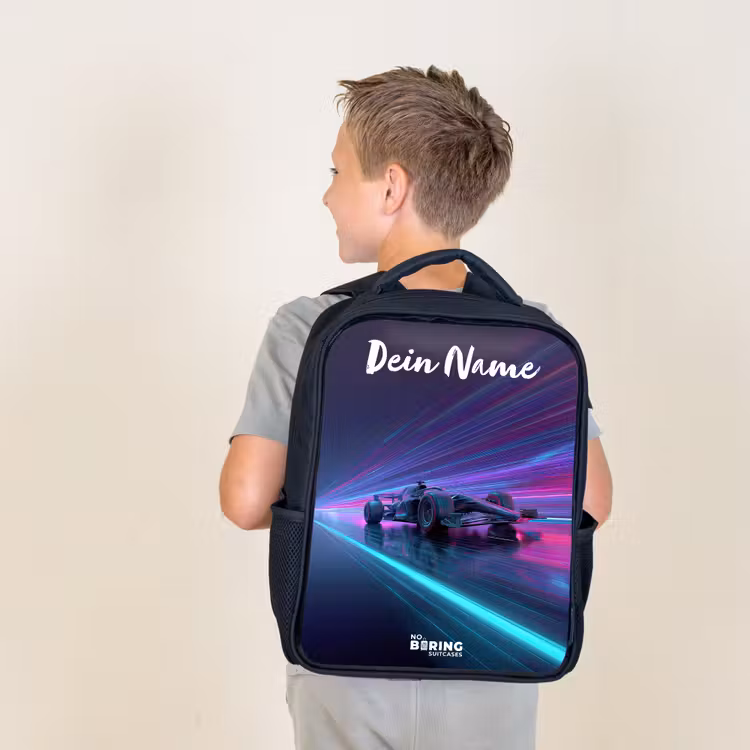 Lichtstralen - Neon - Racewagen - Paars Rugzak - Zwart middel -sfeer2