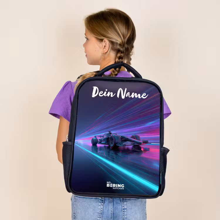 Lichtstralen - Neon - Racewagen - Paars Rugzak - Zwart middel -sfeer5