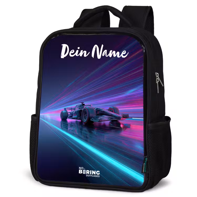 Lichtstralen - Neon - Racewagen - Paars Rugzak - Zwart middel -schuin