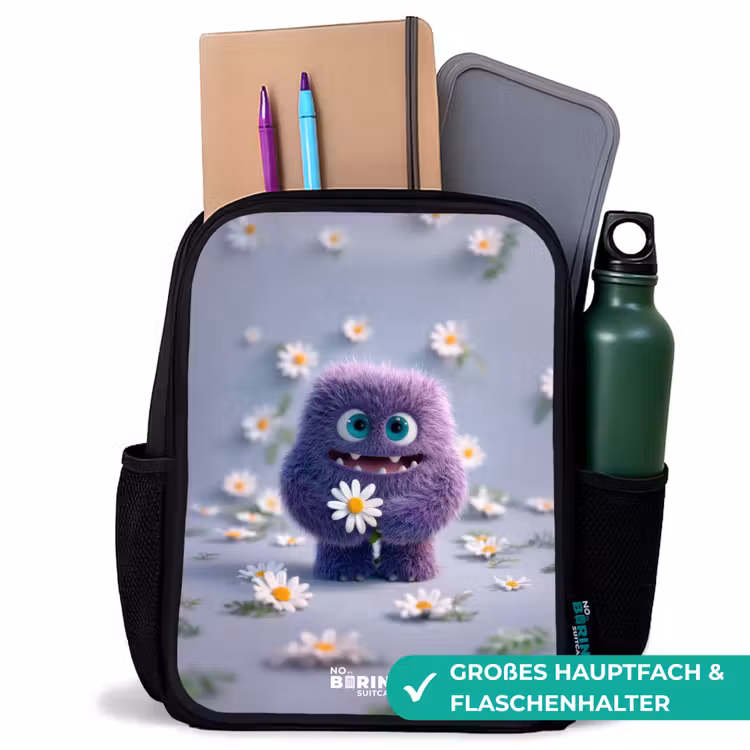 Paars Pluizig Vriendje met Madelief Rugzak - Zwart middel -inhoud_DE
