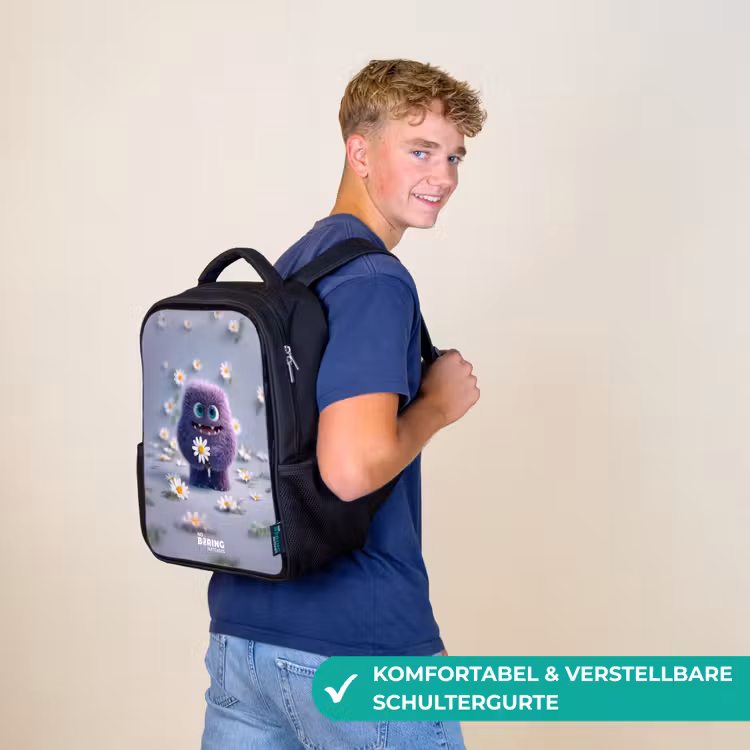 Paars Pluizig Vriendje met Madelief Rugzak - Zwart middel -sfeer9_DE