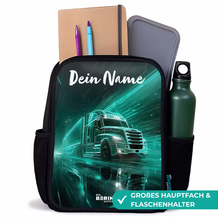 Vrachtwagen - Stad - Groen - Neon Rugzak - Zwart middel -inhoud_DE