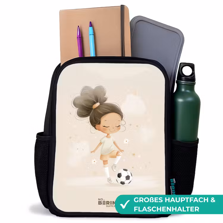 Meisje met een voetbal in beige kleuren Rugzak - Zwart middel -inhoud_DE