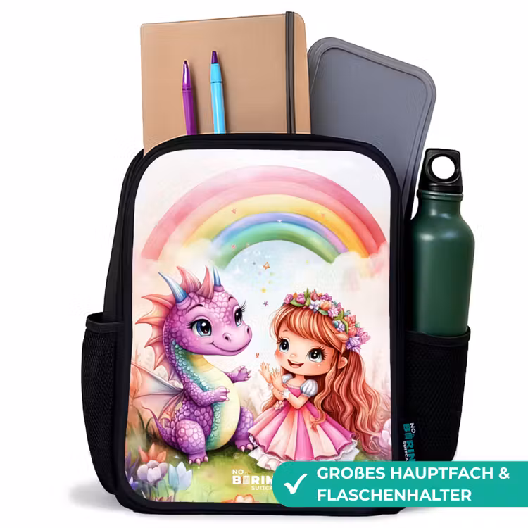 Meisje met paarse draak onder regenboog Rugzak - Zwart middel -inhoud_DE