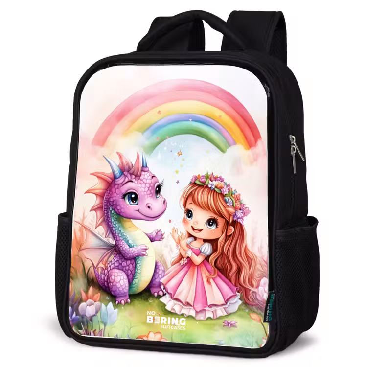 Meisje met paarse draak onder regenboog Rugzak - Zwart middel -schuin