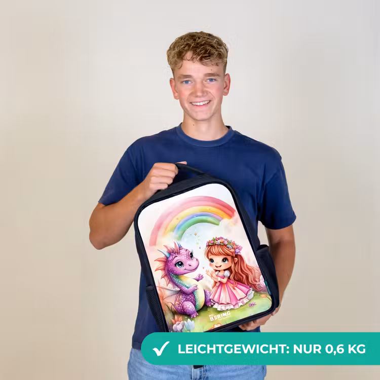 Meisje met paarse draak onder regenboog Rugzak - Zwart middel -sfeer7_DE