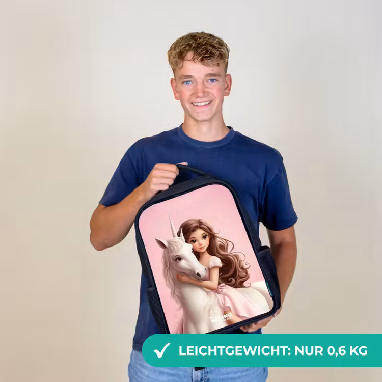Meisje met witte eenhoorn op roze achtergrond Rugzak - Zwart middel -sfeer7_DE
