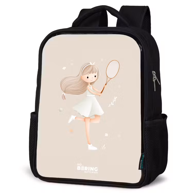 Meisje speelt tennis in beige kleuren Rugzak - Zwart middel -schuin