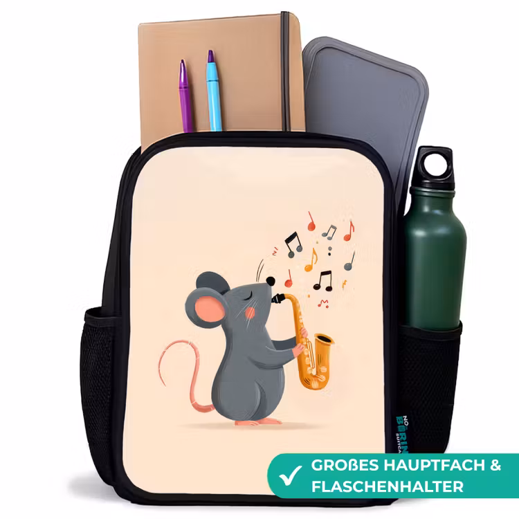 Muis - Saxofoon - Muzieknoten Rugzak - Zwart middel -inhoud_DE