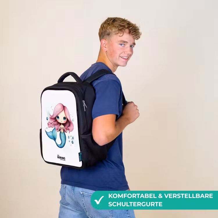 Zeemeermin met roze haar en blauwe staart tussen luchtbellen Rugzak - Zwart middel -sfeer9_DE