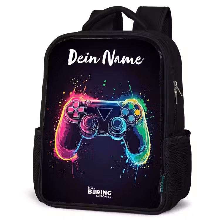 Neon - Controller - Verfspatten - Game Rugzak - Zwart middel -schuin