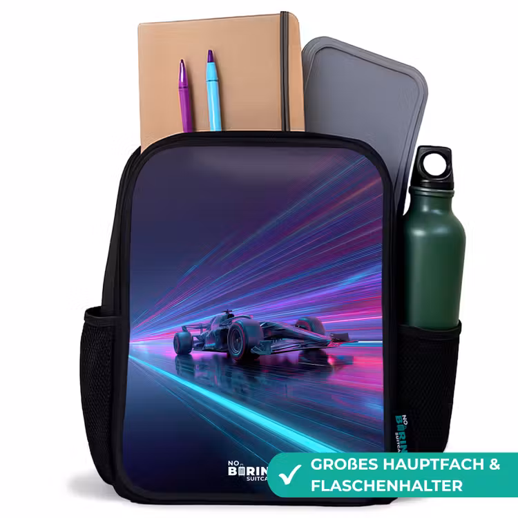Neon - Raceauto - Lichtstrepen - Paars Rugzak - Zwart middel -inhoud_DE