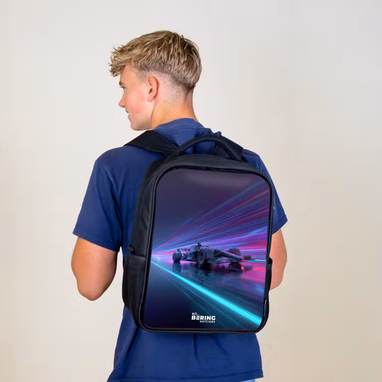 Neon - Raceauto - Lichtstrepen - Paars Rugzak - Zwart middel -sfeer8