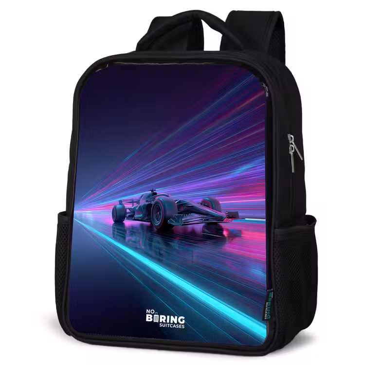 Neon - Raceauto - Lichtstrepen - Paars Rugzak - Zwart middel -schuin