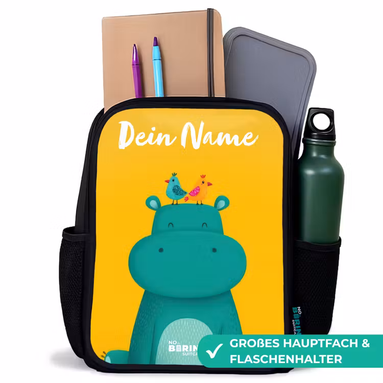 Nijlpaard - Vogels - Geel Rugzak - Zwart middel -inhoud_DE