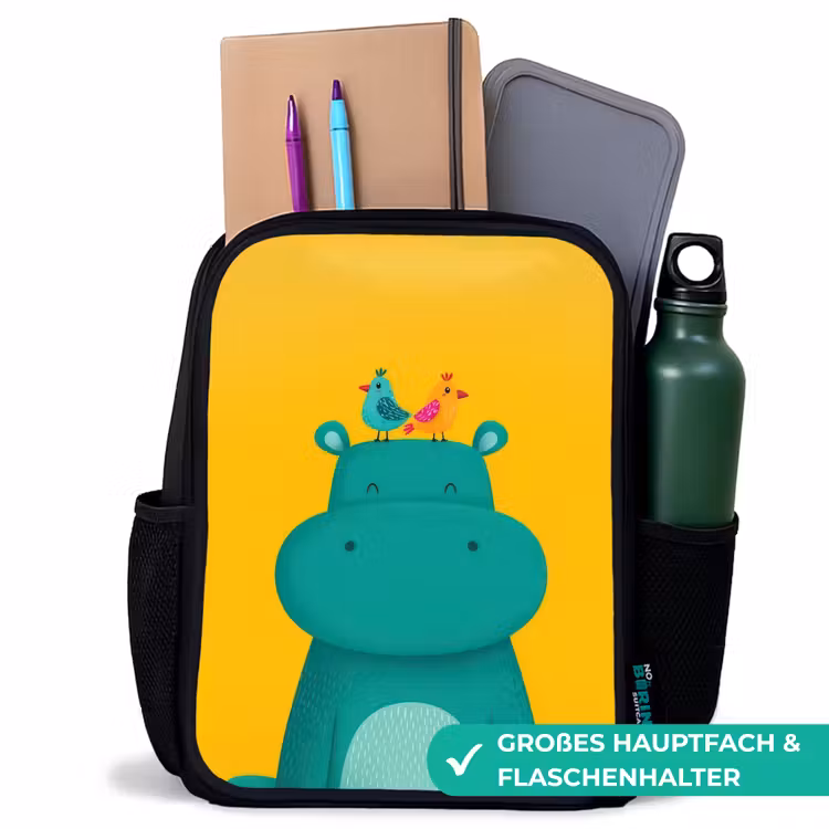 Nijlpaard - Vogels - Groen - Geel Rugzak - Zwart middel -inhoud_DE