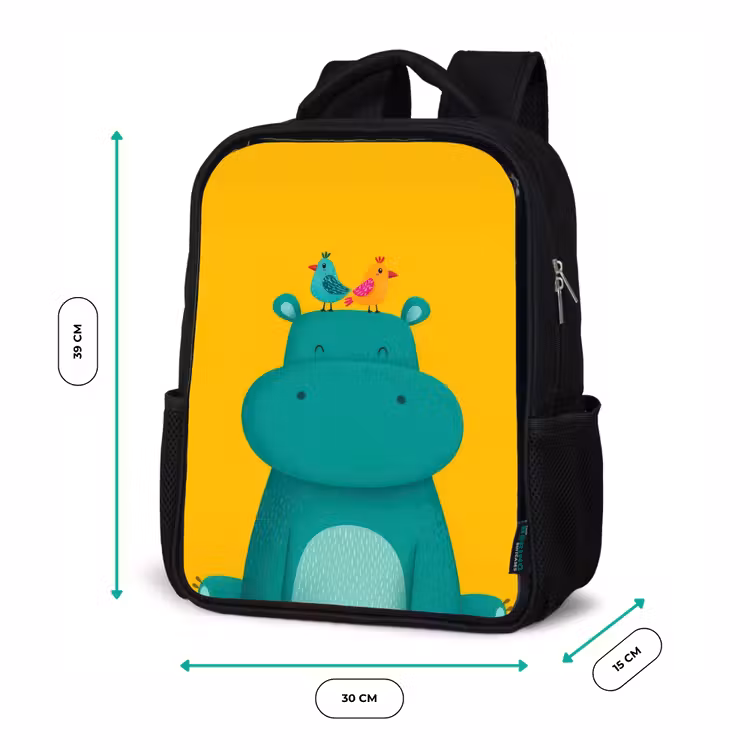 Nijlpaard - Vogels - Groen - Geel Rugzak - Zwart middel -productfoto_formaten