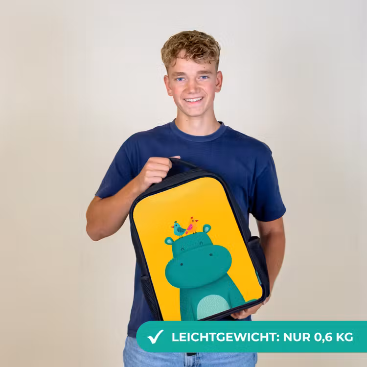 Nijlpaard - Vogels - Groen - Geel Rugzak - Zwart middel -sfeer7_DE