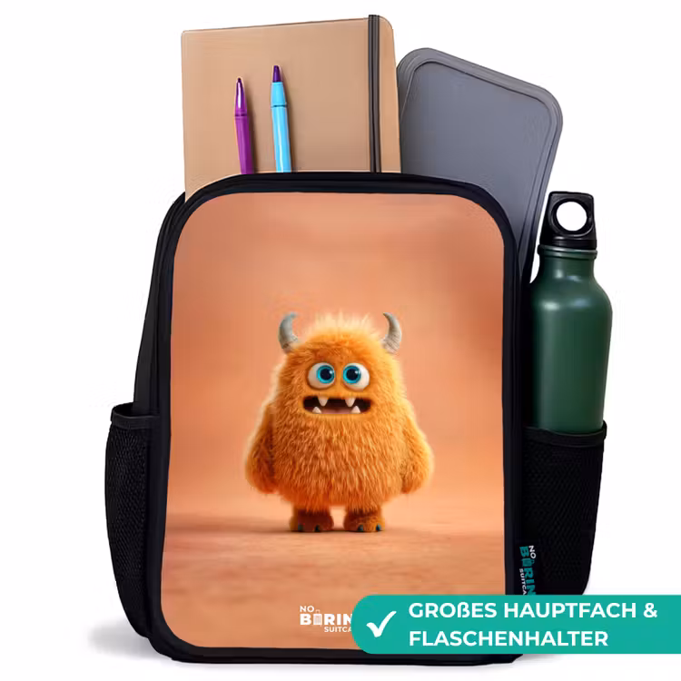 Oranje Pluizig Monster met Hoorns Rugzak - Zwart middel -inhoud_DE